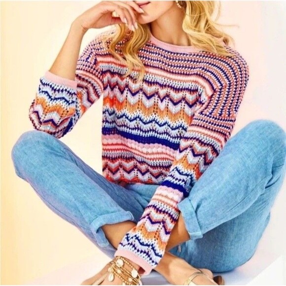 Lilly Pulitzer S Samora Knit Sweater Chevron Pink Crochet Open Knit Cotton Crop - Picture 1 of 5